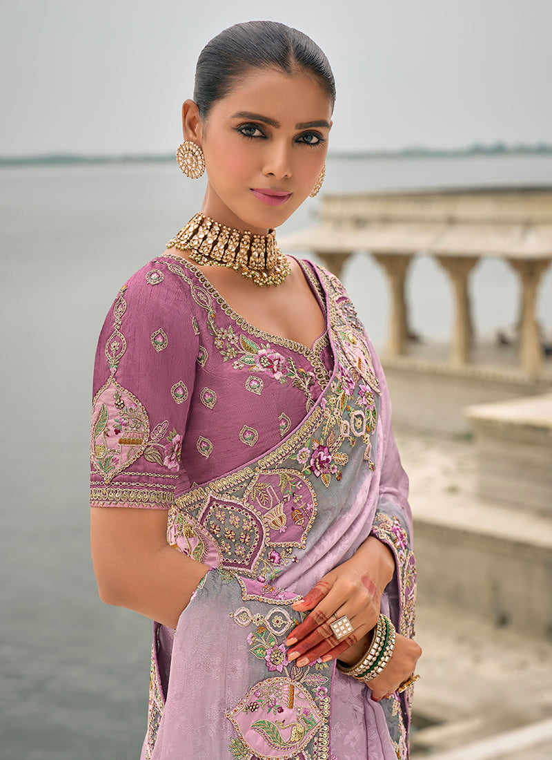 Monjolika Fashion Lavender Color Banarasi Silk Blend Embroidered With Heavy Patchwork Border Saree | Grocsy