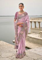 Monjolika Fashion Lavender Color Banarasi Silk Blend Embroidered With Heavy Patchwork Border Saree | Grocsy