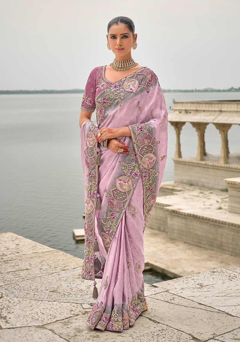 Monjolika Fashion Lavender Color Banarasi Silk Blend Embroidered With Heavy Patchwork Border Saree | Grocsy