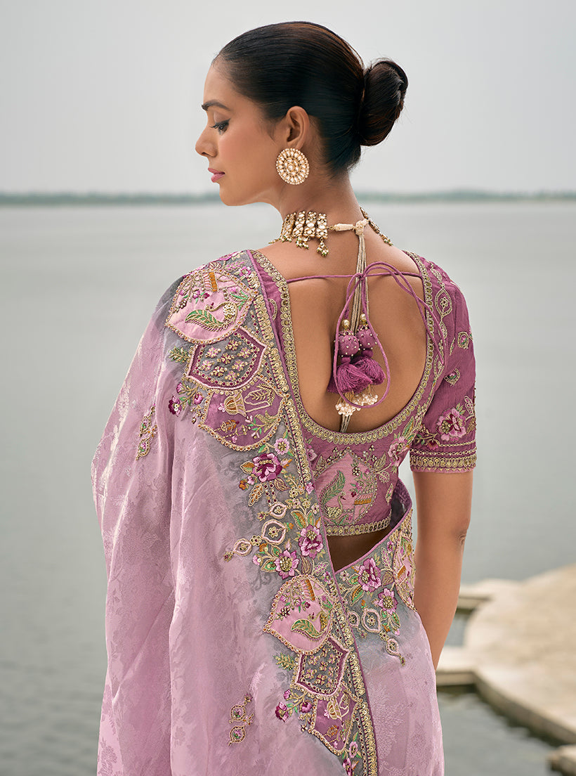 Monjolika Fashion Lavender Color Banarasi Silk Blend Embroidered With Heavy Patchwork Border Saree | Grocsy