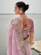 Monjolika Fashion Lavender Color Banarasi Silk Blend Embroidered With Heavy Patchwork Border Saree | Grocsy
