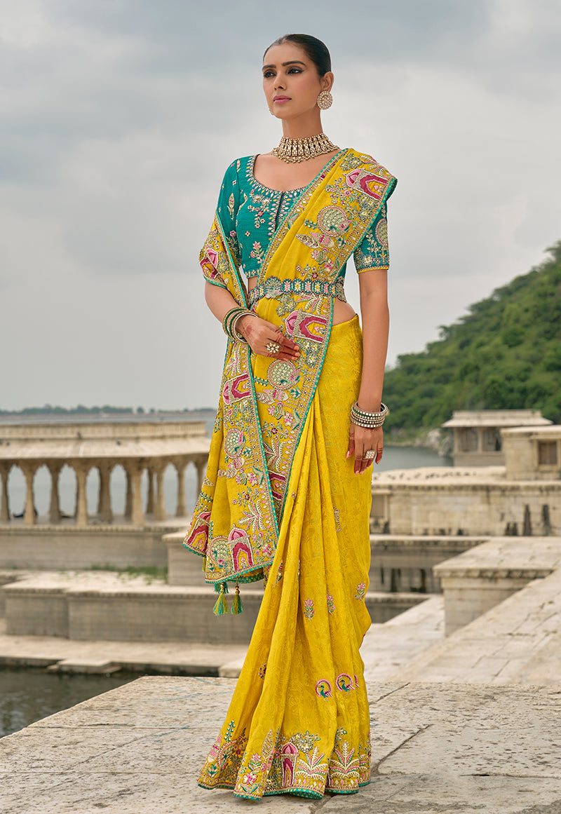 Monjolika Fashion Yellow Color Banarasi Silk Blend Embroidered With Heavy Patchwork Border Saree With Contrast Blouse | Grocsy