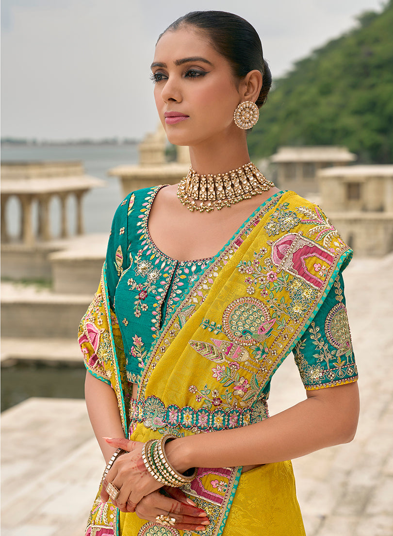 Monjolika Fashion Yellow Color Banarasi Silk Blend Embroidered With Heavy Patchwork Border Saree With Contrast Blouse | Grocsy