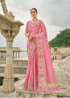 Monjolika Fashion Pink Color Banarasi Silk Blend Sequin Embroidered With Heavy Patchwork Border Saree | Grocsy