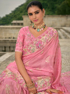 Monjolika Fashion Pink Color Banarasi Silk Blend Sequin Embroidered With Heavy Patchwork Border Saree | Grocsy