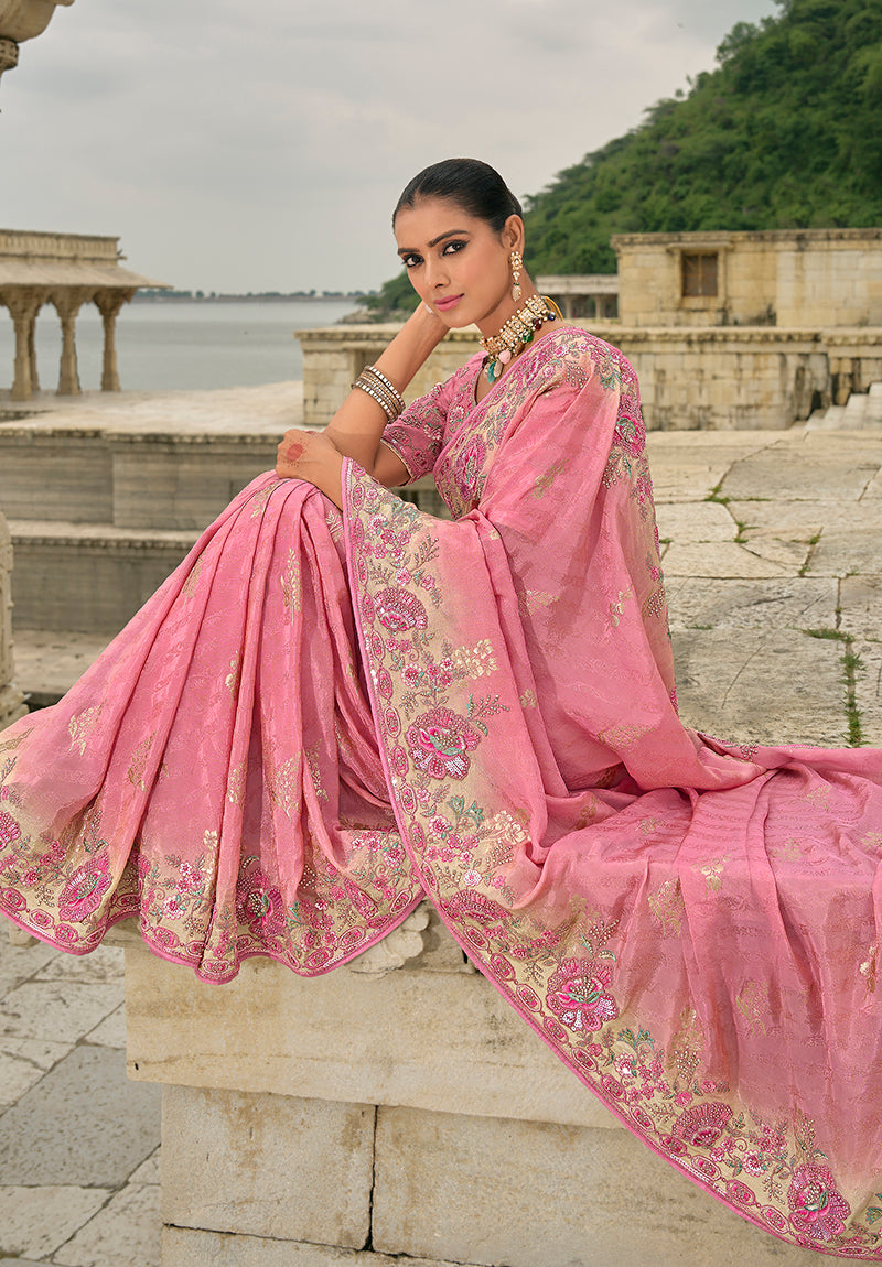 Monjolika Fashion Pink Color Banarasi Silk Blend Sequin Embroidered With Heavy Patchwork Border Saree | Grocsy