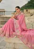 Monjolika Fashion Pink Color Banarasi Silk Blend Sequin Embroidered With Heavy Patchwork Border Saree | Grocsy