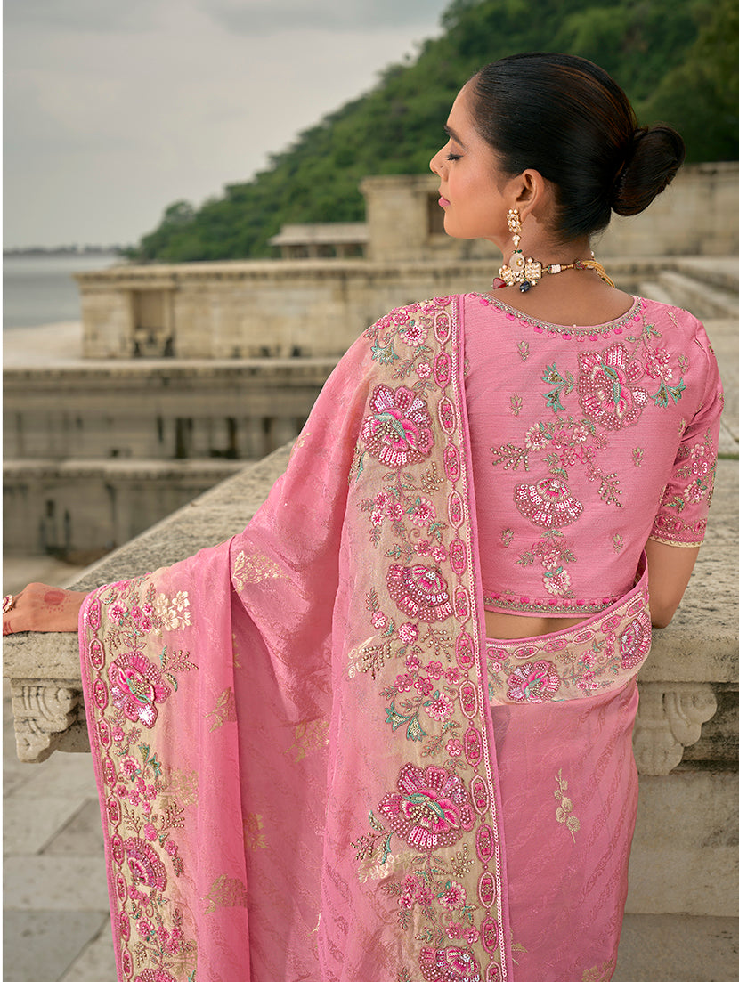 Monjolika Fashion Pink Color Banarasi Silk Blend Sequin Embroidered With Heavy Patchwork Border Saree | Grocsy