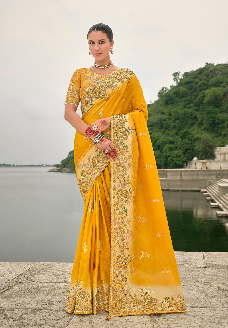 Monjolika Fashion Yellow Color Banarasi Silk Blend Sequin Embroidered With Heavy Patchwork Border Saree | Grocsy