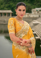Monjolika Fashion Yellow Color Banarasi Silk Blend Sequin Embroidered With Heavy Patchwork Border Saree | Grocsy