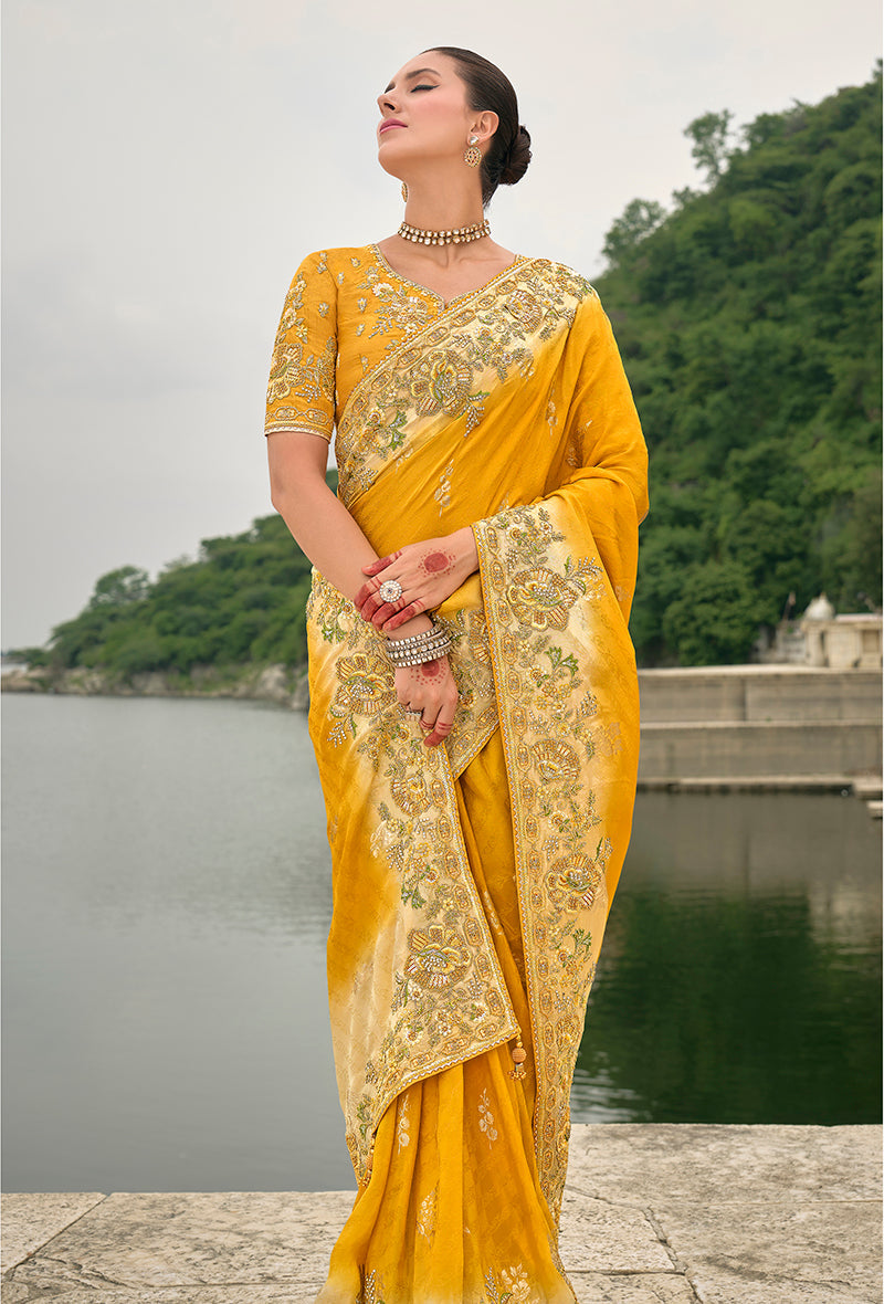 Monjolika Fashion Yellow Color Banarasi Silk Blend Sequin Embroidered With Heavy Patchwork Border Saree | Grocsy