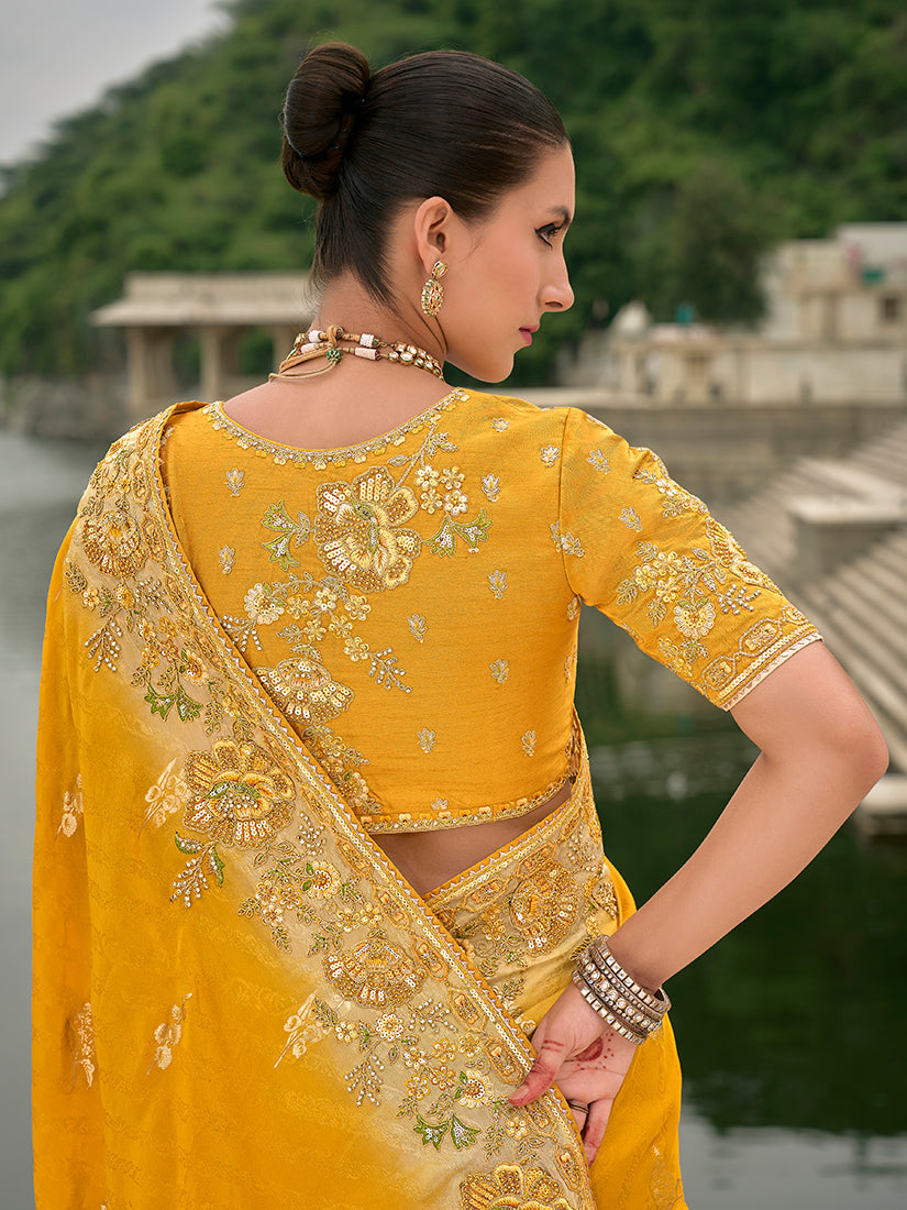 Monjolika Fashion Yellow Color Banarasi Silk Blend Sequin Embroidered With Heavy Patchwork Border Saree | Grocsy