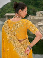 Monjolika Fashion Yellow Color Banarasi Silk Blend Sequin Embroidered With Heavy Patchwork Border Saree | Grocsy