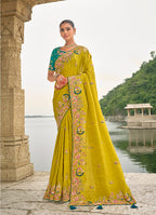 Monjolika Fashion Pear Color Banarasi Silk Blend Sequin Embroidered With Heavy Patchwork Border Saree | Grocsy