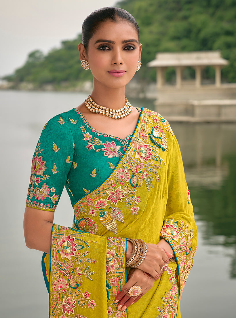Monjolika Fashion Pear Color Banarasi Silk Blend Sequin Embroidered With Heavy Patchwork Border Saree | Grocsy