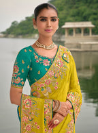 Monjolika Fashion Pear Color Banarasi Silk Blend Sequin Embroidered With Heavy Patchwork Border Saree | Grocsy