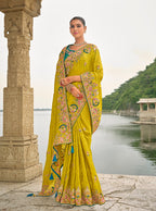 Monjolika Fashion Pear Color Banarasi Silk Blend Sequin Embroidered With Heavy Patchwork Border Saree | Grocsy