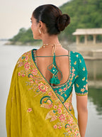 Monjolika Fashion Pear Color Banarasi Silk Blend Sequin Embroidered With Heavy Patchwork Border Saree | Grocsy