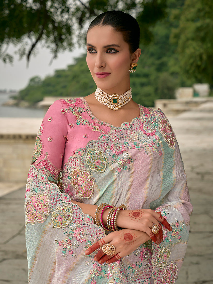 Monjolika Fashion Multicolor Banarasi Silk Blend Embroidered With Heavy Patchwork Border Saree With Contrast Blouse | Grocsy