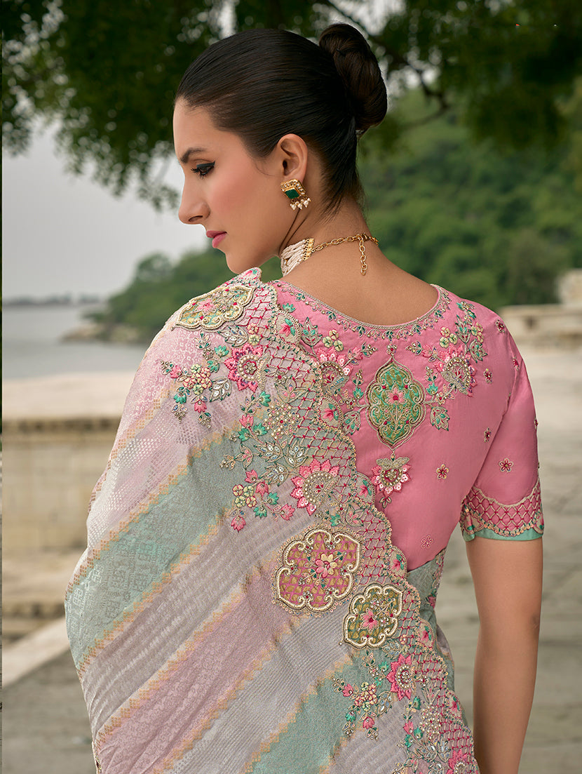 Monjolika Fashion Multicolor Banarasi Silk Blend Embroidered With Heavy Patchwork Border Saree With Contrast Blouse | Grocsy