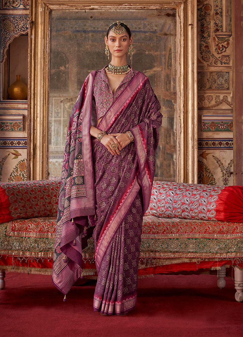Monjolika Fashion Silk Blend Burgundy Printed Contemporary Saree | Grocsy