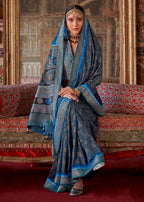 Monjolika Fashion Silk Blend Blue Printed Contemporary Saree | Grocsy