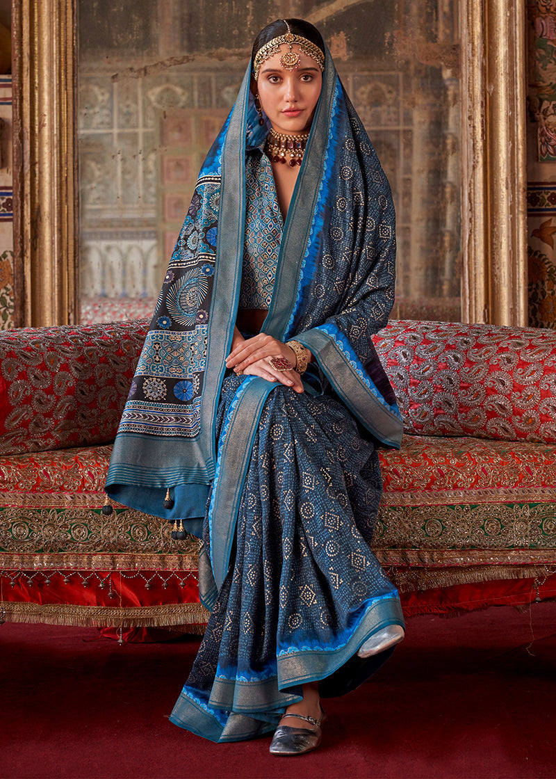 Monjolika Fashion Silk Blend Blue Printed Contemporary Saree | Grocsy