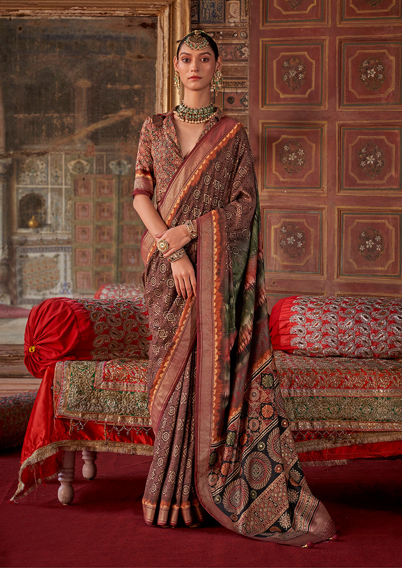 Monjolika Fashion Silk Blend Brown Printed Contemporary Saree | Grocsy