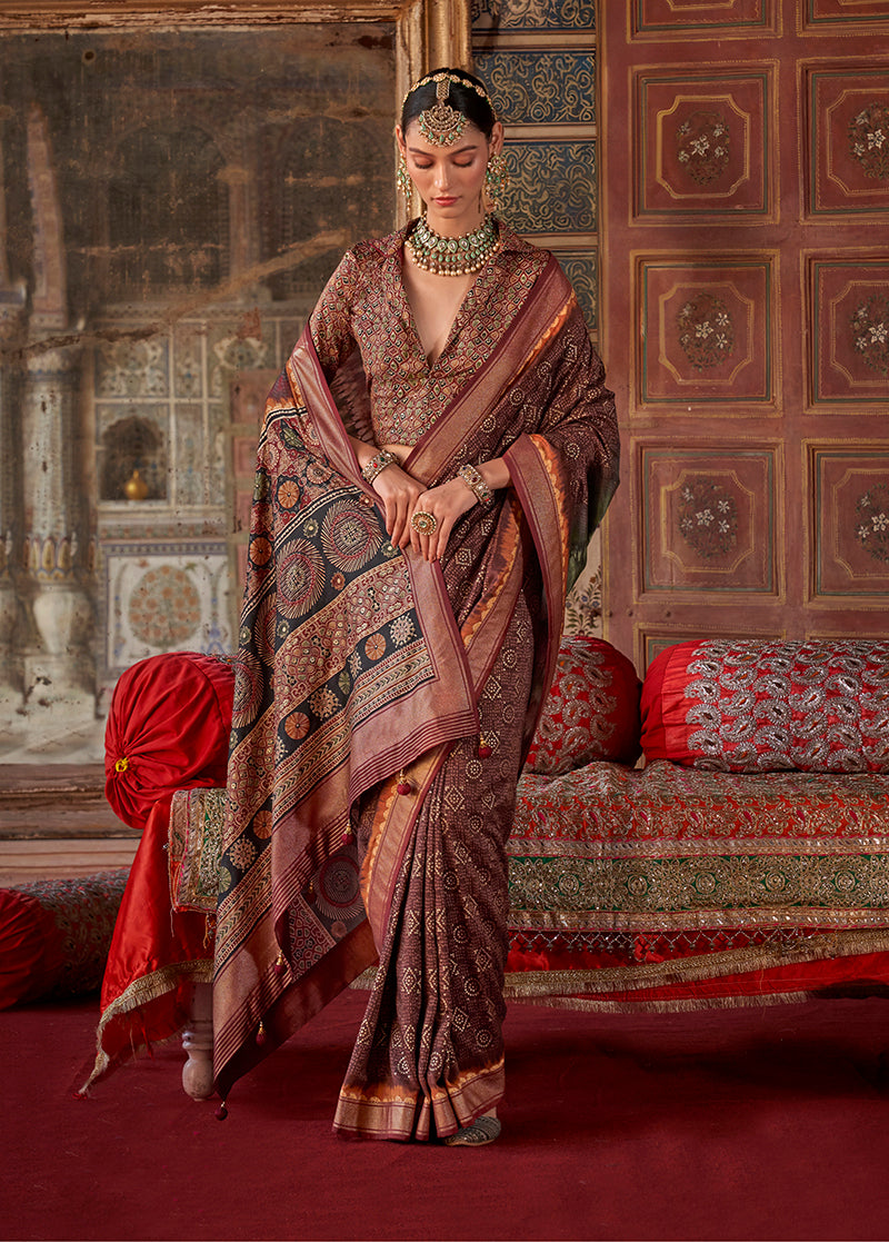 Monjolika Fashion Silk Blend Brown Printed Contemporary Saree | Grocsy