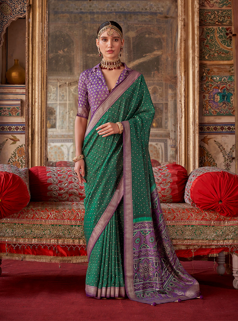 Monjolika Fashion Silk Blend Green Printed Contemporary Saree | Grocsy