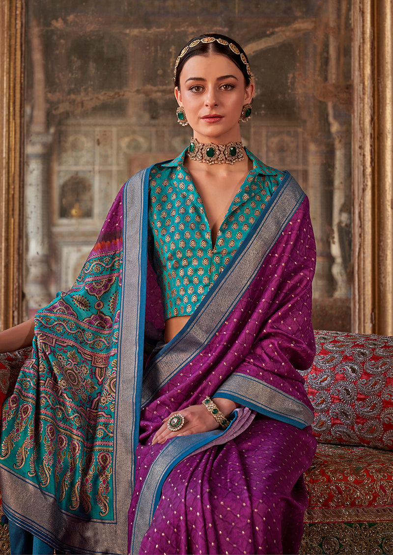 Monjolika Fashion Silk Blend Magenta Printed Contemporary Saree | Grocsy