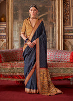 Monjolika Fashion Silk Blend Navy Blue Printed Contemporary Saree | Grocsy
