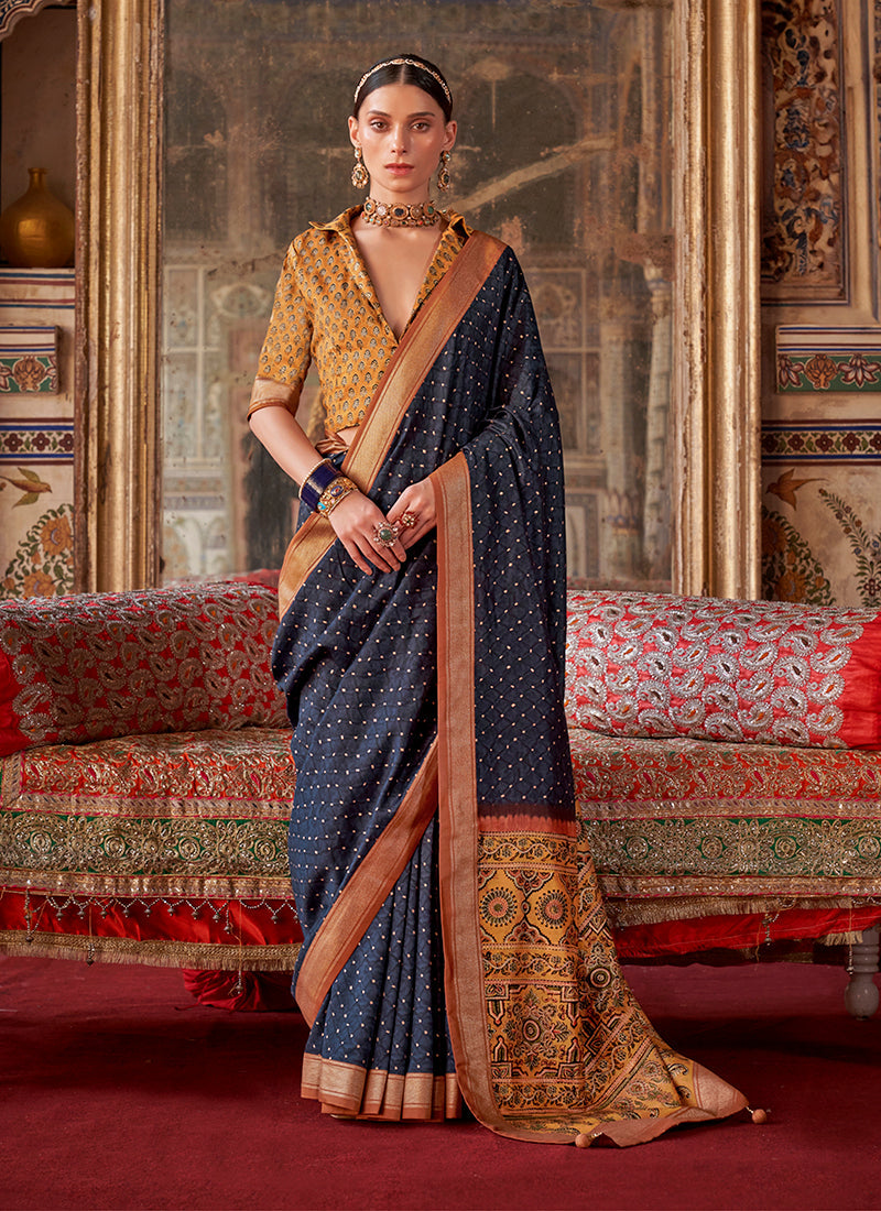 Monjolika Fashion Silk Blend Navy Blue Printed Contemporary Saree | Grocsy
