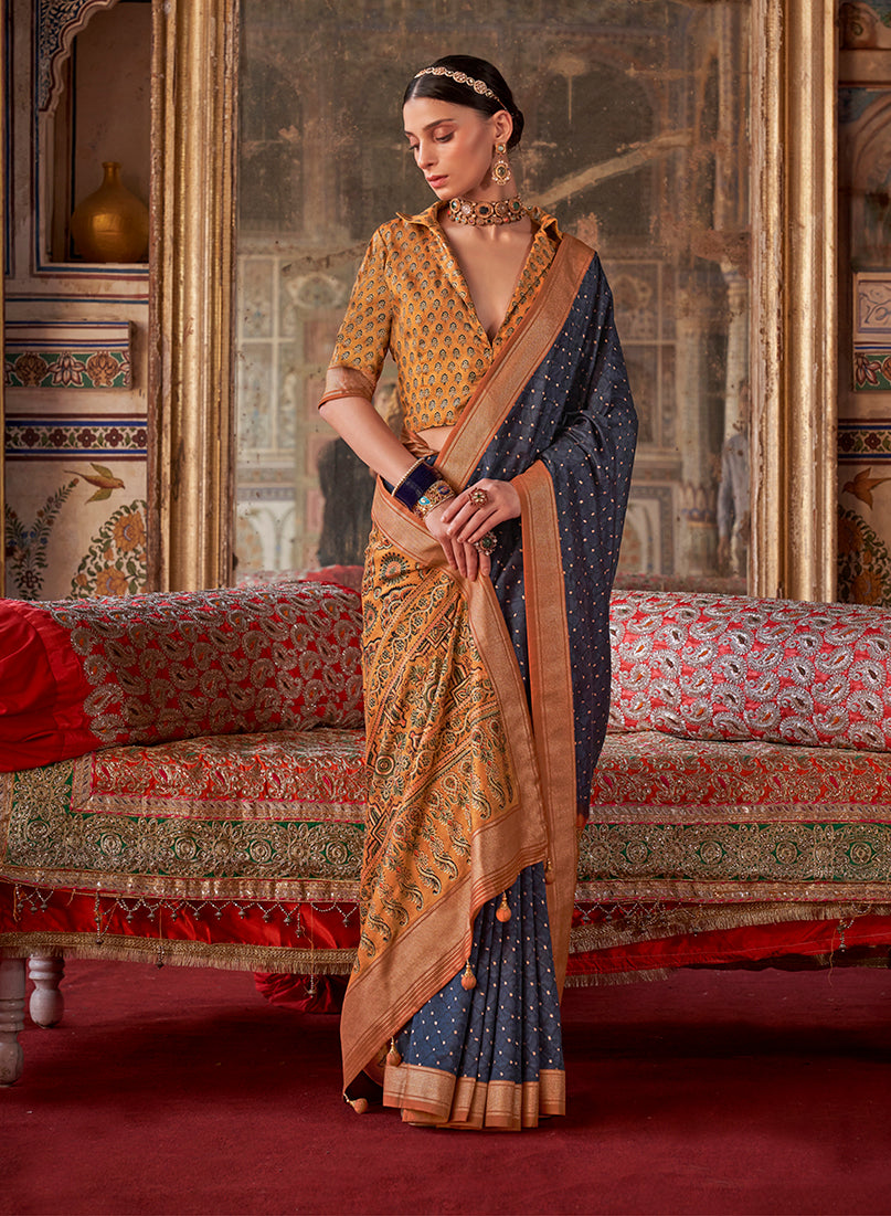 Monjolika Fashion Silk Blend Navy Blue Printed Contemporary Saree | Grocsy