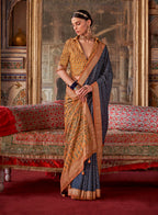 Monjolika Fashion Silk Blend Navy Blue Printed Contemporary Saree | Grocsy