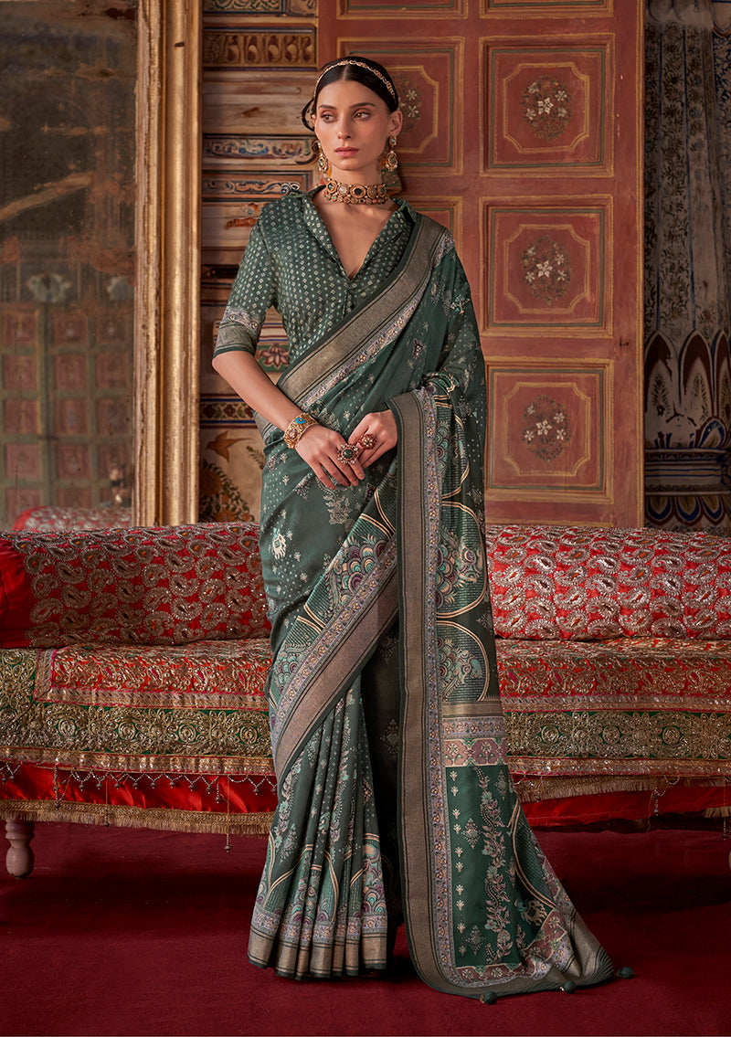 Monjolika Fashion Silk Blend Dark Green Printed Contemporary Saree | Grocsy