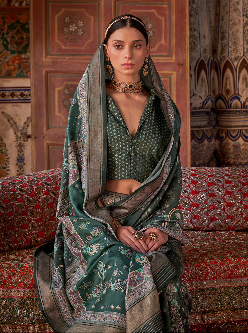 Monjolika Fashion Silk Blend Dark Green Printed Contemporary Saree | Grocsy