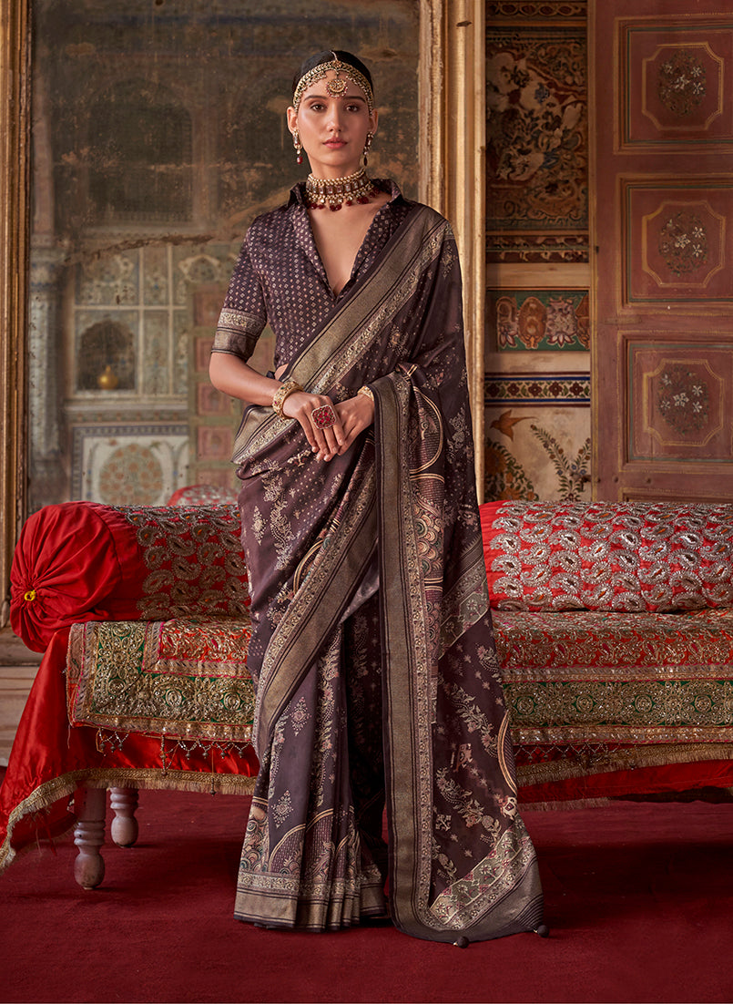 Monjolika Fashion Silk Blend Dark Brown Printed Contemporary Saree | Grocsy