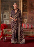 Monjolika Fashion Silk Blend Dark Brown Printed Contemporary Saree | Grocsy