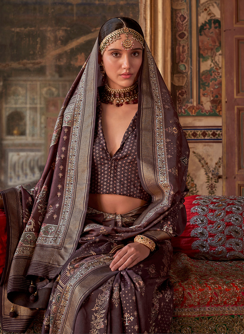 Monjolika Fashion Silk Blend Dark Brown Printed Contemporary Saree | Grocsy