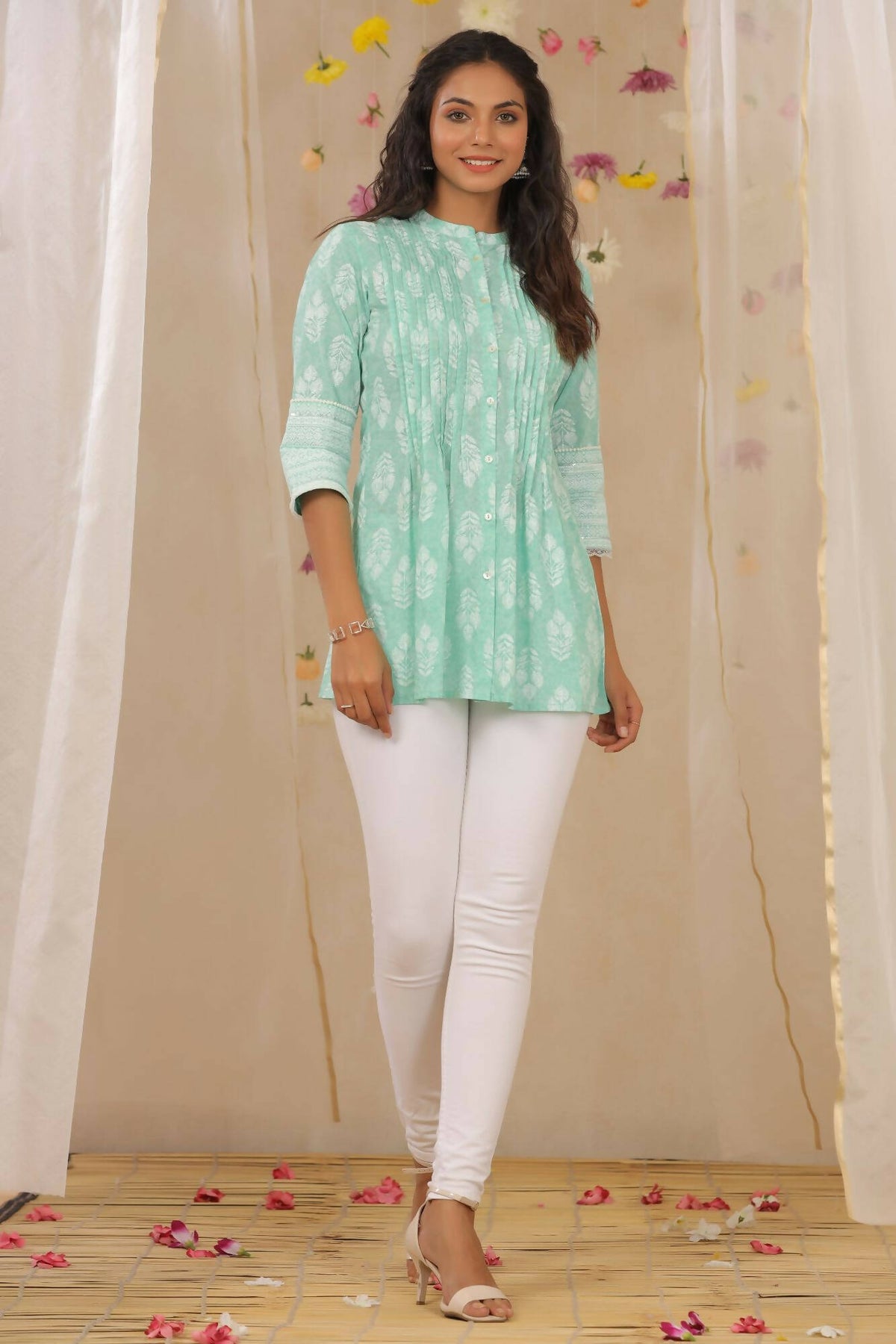 Juniper Women Mint Cambric Printed A-Line Tunic | Grocsy