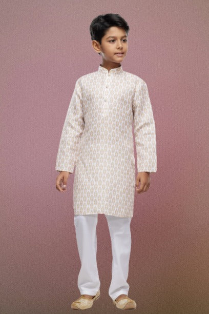 Raivat Ethnic Cotton Digital Print Kids Kurta Pajama In Light Beige Colour | Grocsy