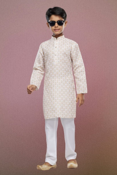 Raivat Ethnic Cotton Digital Print Kids Kurta Pajama In Light Beige Colour | Grocsy