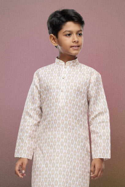 Raivat Ethnic Cotton Digital Print Kids Kurta Pajama In Light Beige Colour | Grocsy
