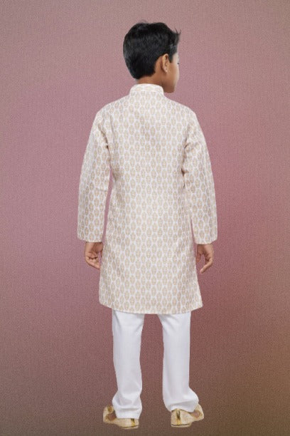 Raivat Ethnic Cotton Digital Print Kids Kurta Pajama In Light Beige Colour | Grocsy