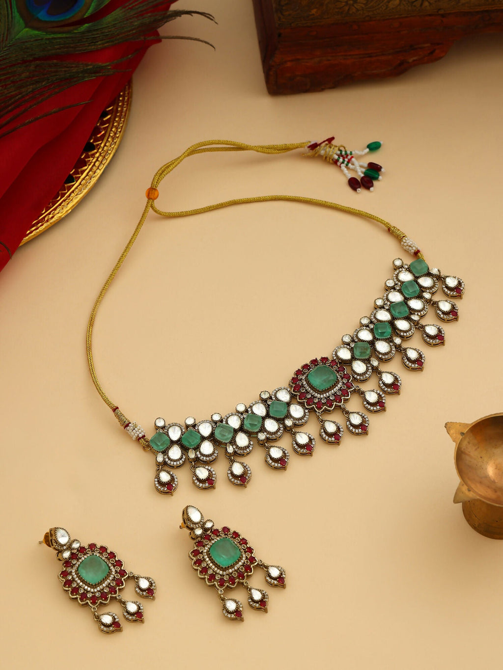 Ruby Raang 22k Gold Polished Stonework Moissanite Choker With Earrings | Grocsy