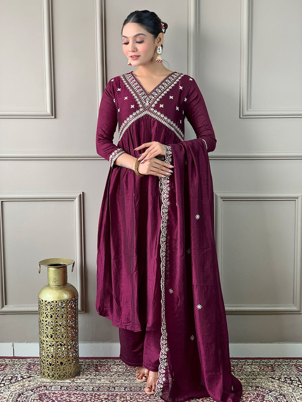 The52 Embroidered Vichitra Silk Fabric Straight Kurta, Pant and Dupatta Set | Grocsy