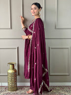The52 Embroidered Vichitra Silk Fabric Straight Kurta, Pant and Dupatta Set | Grocsy