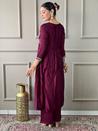 The52 Embroidered Vichitra Silk Fabric Straight Kurta, Pant and Dupatta Set | Grocsy