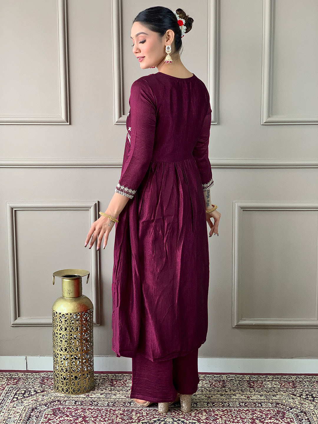The52 Embroidered Vichitra Silk Fabric Straight Kurta, Pant and Dupatta Set | Grocsy